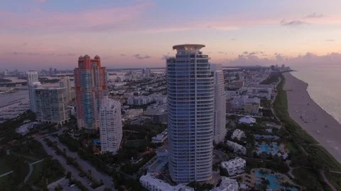 Aerial drone view of south pointe buildings and coastline in Miami Beach Video stock 100856226