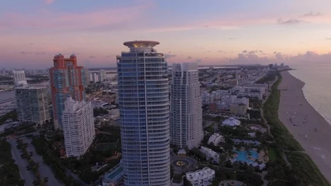 Aerial drone view of south pointe buildings and coastline in Miami Beach Stock Footage 100856236
