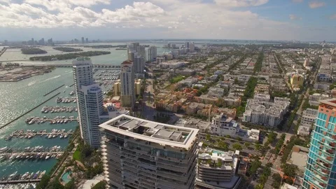 Aerial drone view of south pointe buildings and coastline in Miami Beach Stock Footage 100880977