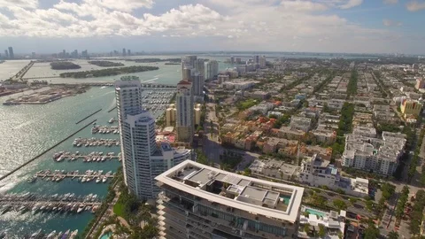 Aerial drone view of south pointe buildings and coastline in Miami Beach Stock Footage 100891761