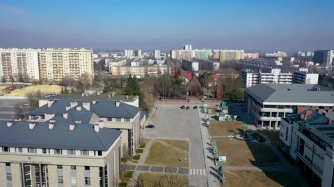 Aerial drone view with St Florian Church and new church in Stalowa Wola, Poland Stock Footage 200209776