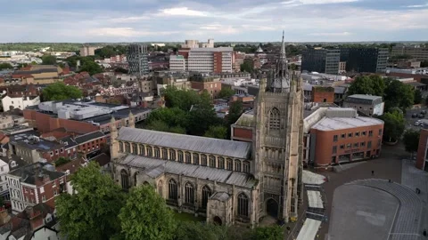 Aerial drone view of St Peter Mancroft Church in Norwich Stock Footage 249528565