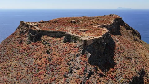 Aerial drone view of the star-shaped Venetian fortress walls atop rocky Stock Footage 339304001