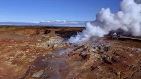 Aerial Drone View of Steaming Geothermal Field With Hot Springs Near Lake Myvatn Stock Footage 342273625