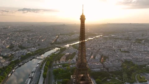 Aerial drone view of the streets overlooking the famous Eiffel Tower Stock Footage 314782578