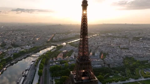 Aerial drone view of the streets overlooking the famous Eiffel Tower Stock Footage 315289818