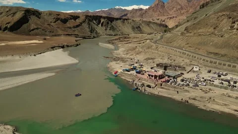 Aerial drone view of the stunning confluence of Indus and Zanskar Rivers. Stock Footage 310806737