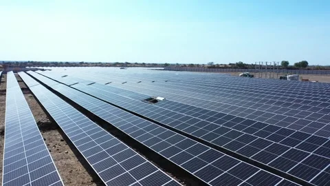 Aerial drone view Sun rays falling on solar panel in drone camera Stock Footage 263810674