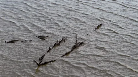 Aerial drone view of sunken broken wooden bridge in estuary Stock-Footage 337985587