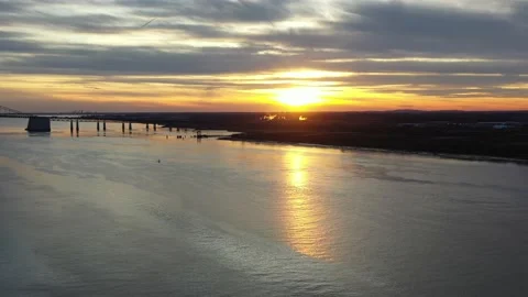 Aerial Drone View of Sunset on the Delaware River Stock Footage 137992670