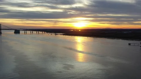 Aerial Drone View of Sunset on the Delaware River Stock Footage 137992671