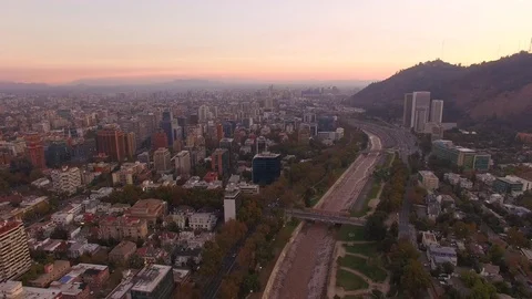 Aerial Drone view, sunset over Cerro San Cristobal hill, Santiago de Chile Stock Footage 100862736
