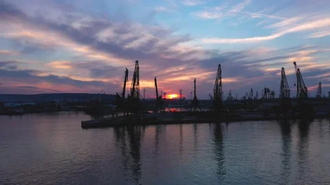 Aerial drone view of sunset at the sea cargo port. Maritime city port. Stock Footage 199432017