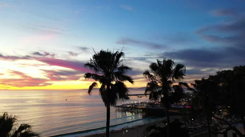 Aerial Drone view of a sunset through the palm trees towards Redondo Beach Pier Stock Footage 330698572