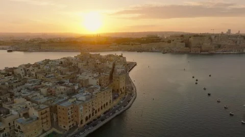 Aerial drone view of sunset view of Valletta and Three cities, Malta Stock Footage 246534138