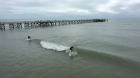 Aerial drone view surfer getting a clean wave in france Video stock 144552749