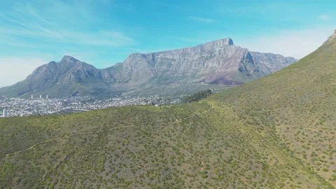 Aerial Drone View of Table Mountain and Devil’s Peak with Cape Town City Below Stock Footage 345518687