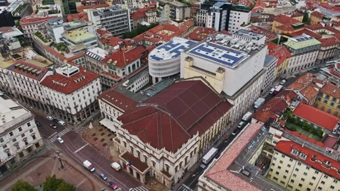 Aerial drone view of Teatro alla Scala in Milan, Italy Stock Footage 346766732