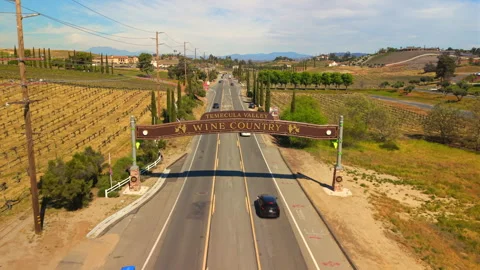 Aerial Drone View of Temecula Valley Wine Country Sign Over Vineyard Road Stock-Footage 331324668