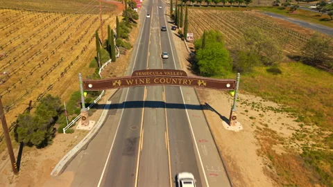 Aerial Drone View of Temecula Valley Wine Country Sign Over Vineyard Road Video stock 331324698