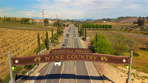 Aerial Drone View of Temecula Valley Wine Country Sign Over Vineyard Road Vídeos de archivo 331324723