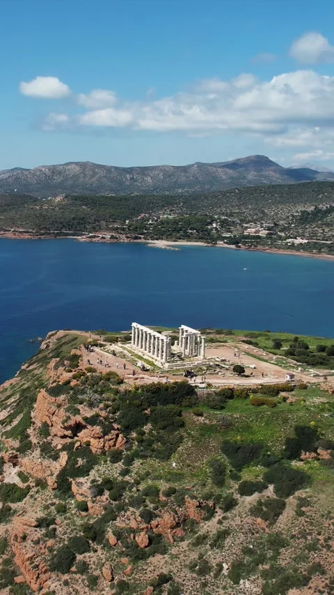 Aerial drone view of Temple of Poseidon at Cape Sounion at the edge of Attica Video stock 310335216