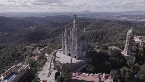 Aerial Drone View of Temple of the Sacred Heart on Tibidabo, Barcelona Stock Footage 343536861
