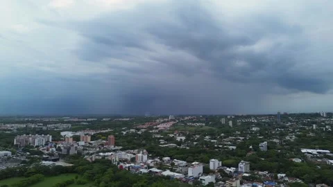 Aerial Drone View of Thunderstorm Over City Stock Footage 307969209