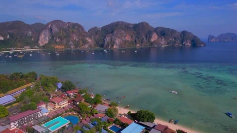 Aerial drone view of Ton Sai Beach and village on Koh Phi Phi Don in Krabi 動画素材 345657016