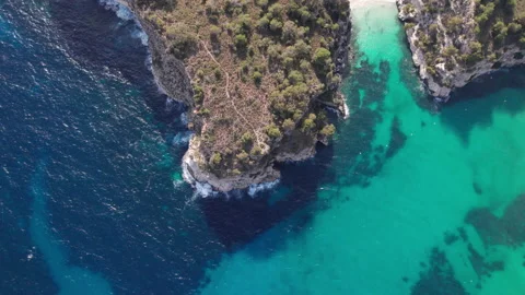 Aerial drone view top down Menorca Macarelleta and Macarella Balearic Islands Stock Footage 238992125