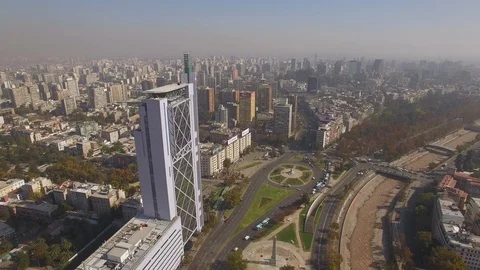Aerial Drone view, Torre Telefonica Skyscraper building in Santiago de Chile Stock Footage 100843767