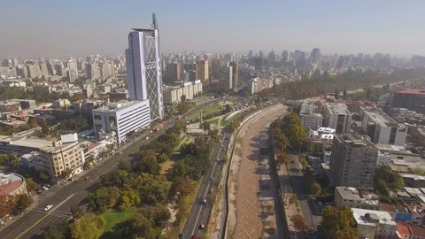Aerial Drone view, Torre Telefonica Skyscraper building in Santiago de Chile Video stock 100843899