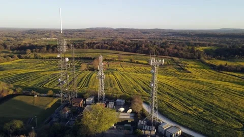 Aerial drone view of tower antennas Telecommunication cell phone, radio trans Stock Footage 152926361