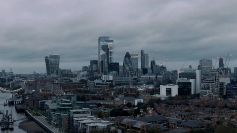 Aerial drone view of Tower Bridge City of London Skyline on a cloudy day Stock Footage 125996764