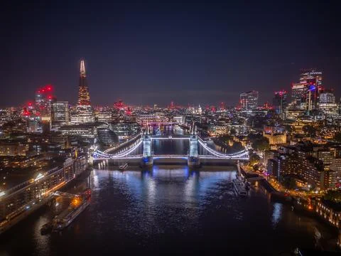 Aerial drone view of Tower Bridge in London, England, over the river Thames Stock Photos
