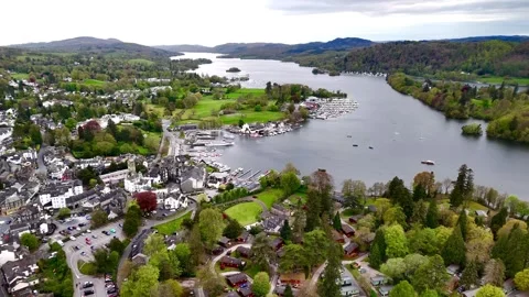 Aerial drone view of the town in Windermere in the Lake District, England Stock Footage 274441153