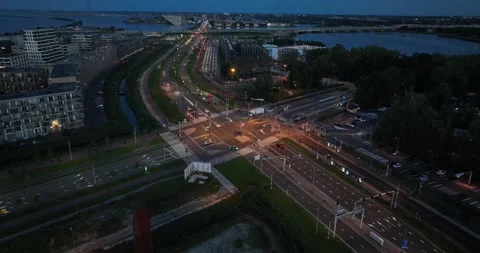 Aerial drone view of a traffic intersection infrastructure in Amsterdam at Video stock 249284031