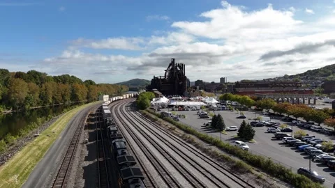 Aerial Drone View of Train Passing Bethlehem Steel Factory, Pennsylvania Stock Footage 332168343