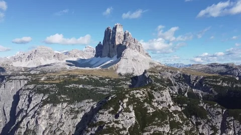 Aerial drone view of Tre Cime di Lavaredo peaks in the Dolomites, Italian Alps Stock Footage 330803523
