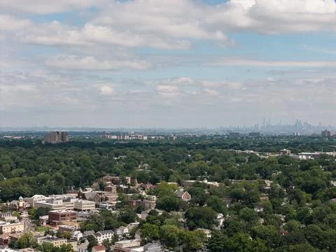 Aerial drone view of tree-lined residential neighborhood with detached homes and Stockfoto's