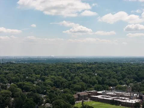 Aerial drone view of tree-lined residential neighborhood with detached homes and Stock-Fotos