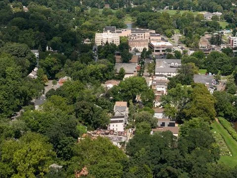 Aerial drone view of tree-lined residential neighborhood with detached homes and Фото