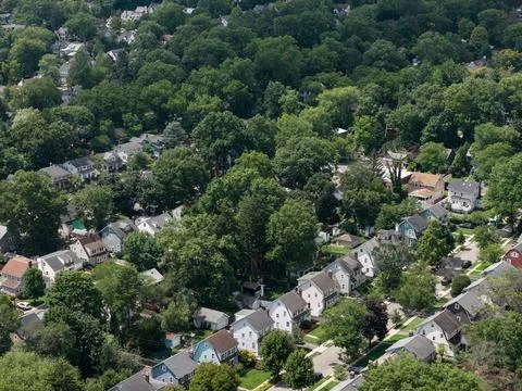 Aerial drone view of tree-lined residential neighborhood with detached homes and 스톡 사진