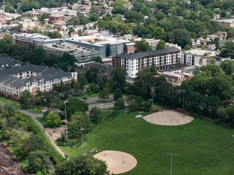 Aerial drone view of tree-lined residential neighborhood with detached homes and 스톡 사진