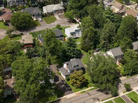 Aerial drone view of tree-lined residential neighborhood with detached homes Stock-Fotos