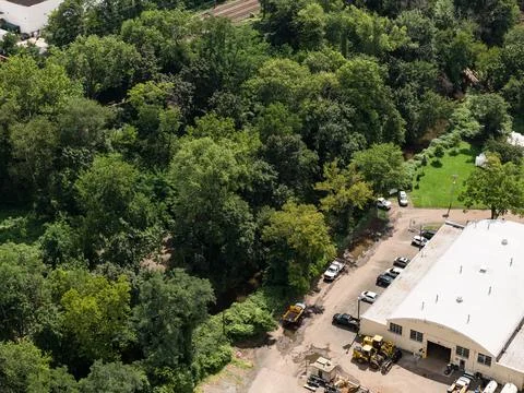 Aerial drone view of tree-lined residential neighborhood with detached homes Stock-Fotos