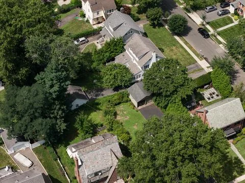 Aerial drone view of tree-lined residential neighborhood with detached homes Stock-Fotos
