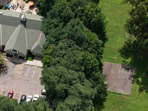 Aerial drone view of tree-lined residential neighborhood with detached homes 스톡 사진