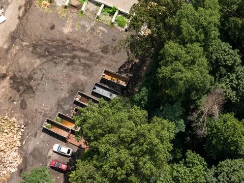Aerial drone view of tree-lined residential neighborhood with detached homes Stock-Fotos