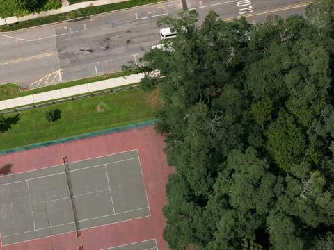 Aerial drone view of tree-lined residential neighborhood with detached homes Stockfoto's